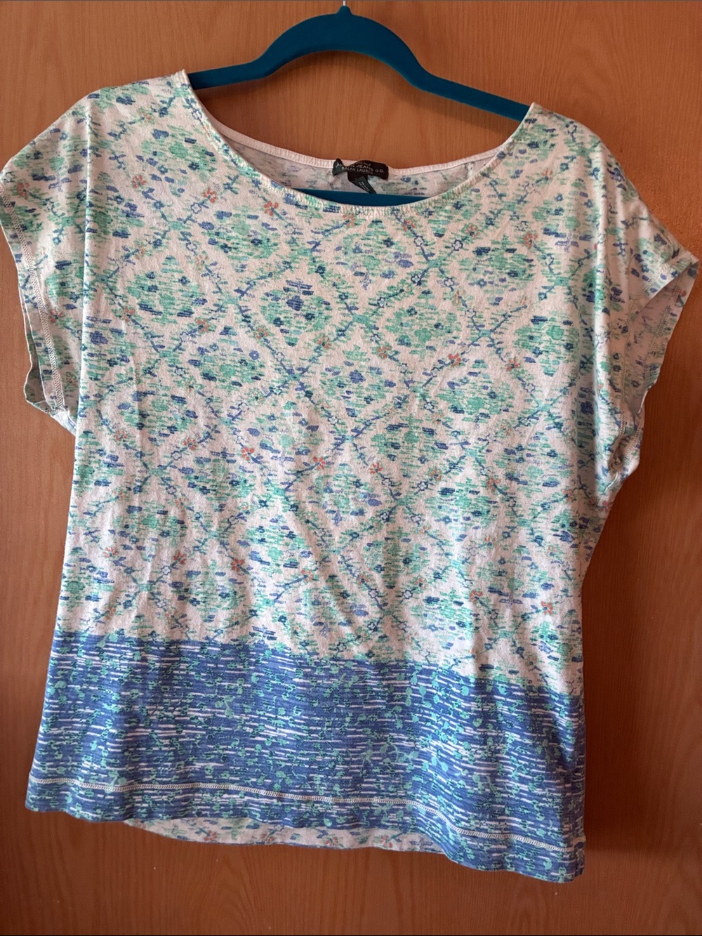 Lauren Ralph Lauren Short Sleeve Tee in Light Blue and Aqua Floral Border